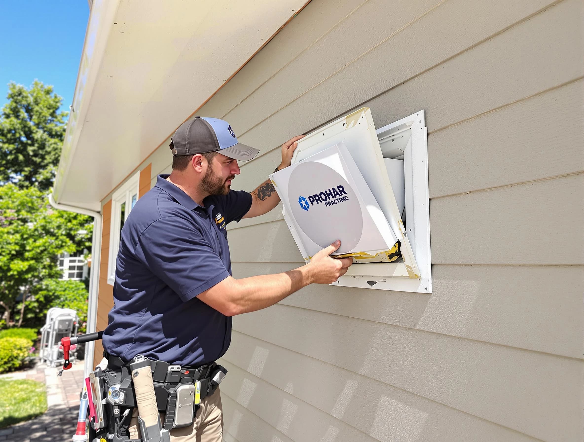 Innsbrook Dryer Vent Cleaning technician installing a new protective dryer vent cover on a home in Innsbrook